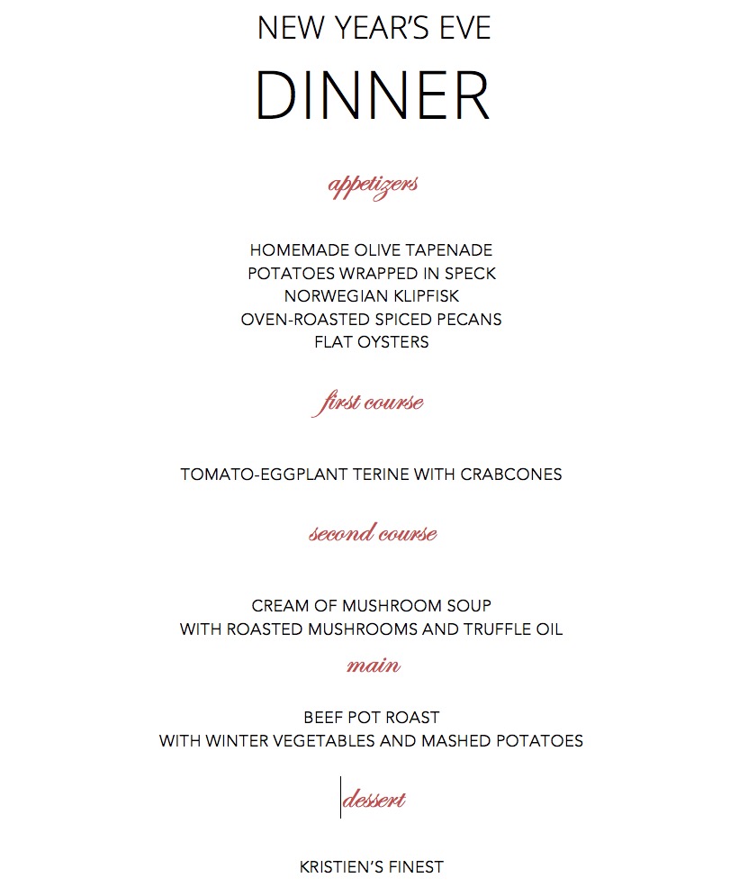 A New Year's Eve dinner menu featuring appetizers, multiple courses, a main dish, and dessert.