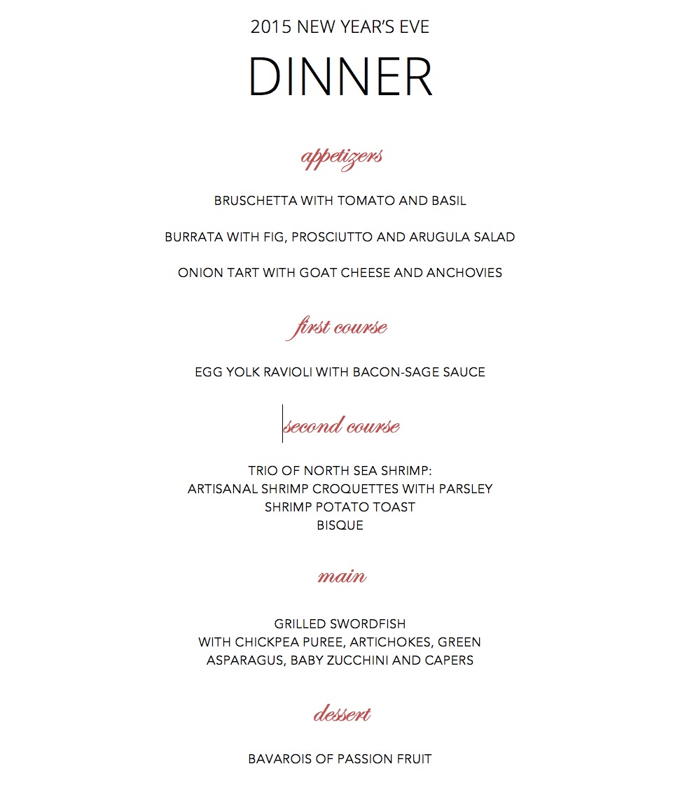A New Year's Eve dinner menu featuring appetizers, multiple courses, a main dish of grilled swordfish, and passion fruit dessert.