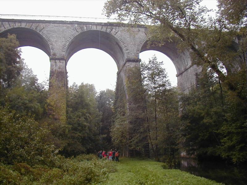 A person is bungee jumping from a tall stone bridge while a group watches from the ground.
