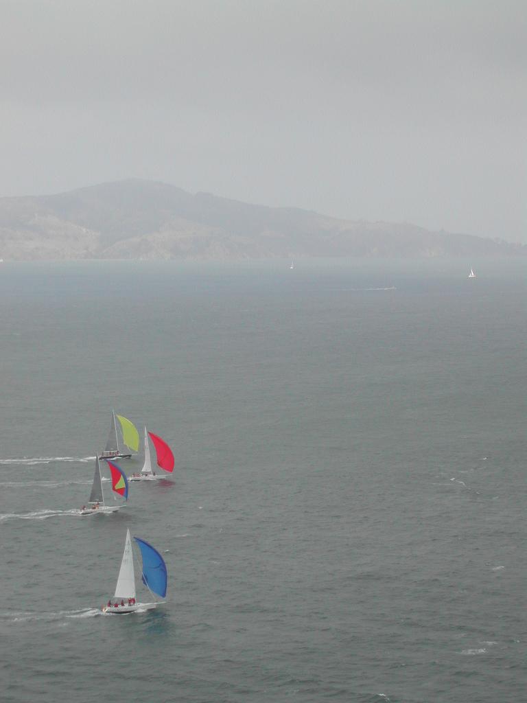 Several sailboats with colorful sails move across the water on a cloudy day near the Golden Gate Bridge.