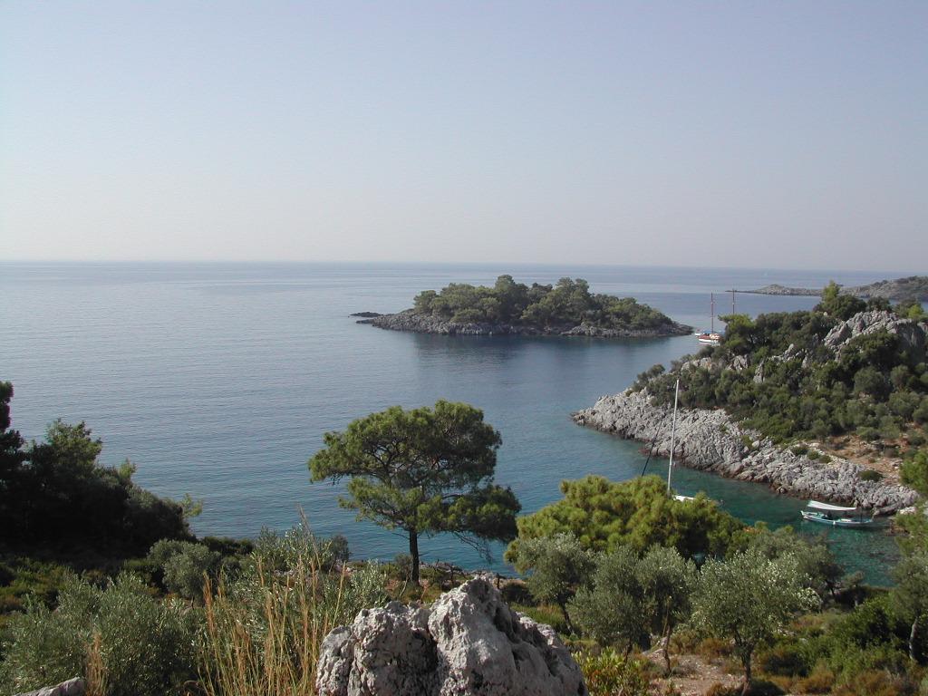 A calm bay with clear blue water, rocky hills, green trees, and several boats anchored near the shore.