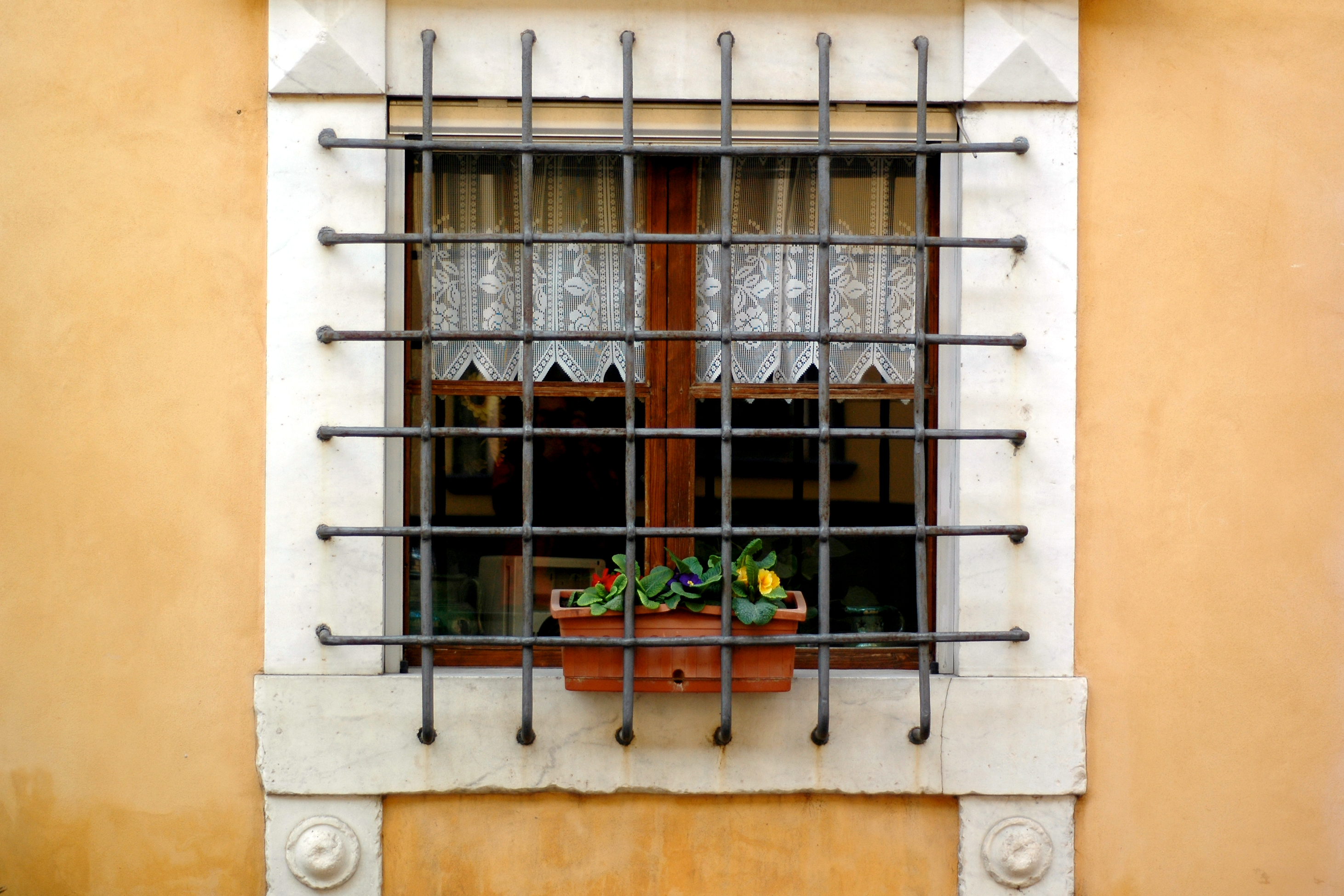 A window with metal bars, lace curtains, and a flower box filled with colorful flowers on a beige wall.