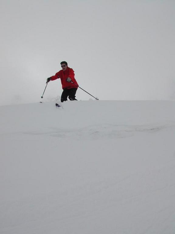 A person in a red jacket skiing downhill through deep snow, using ski poles for balance.