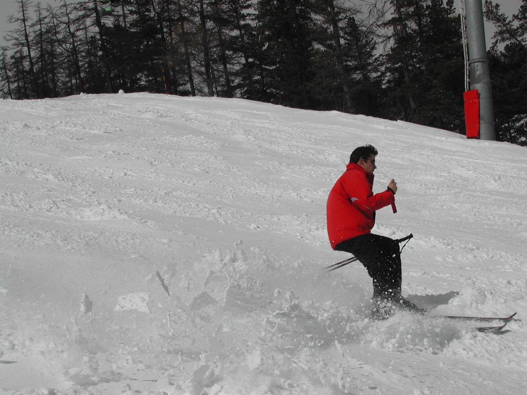 A person in a red jacket skis downhill, kicking up snow while holding ski poles.