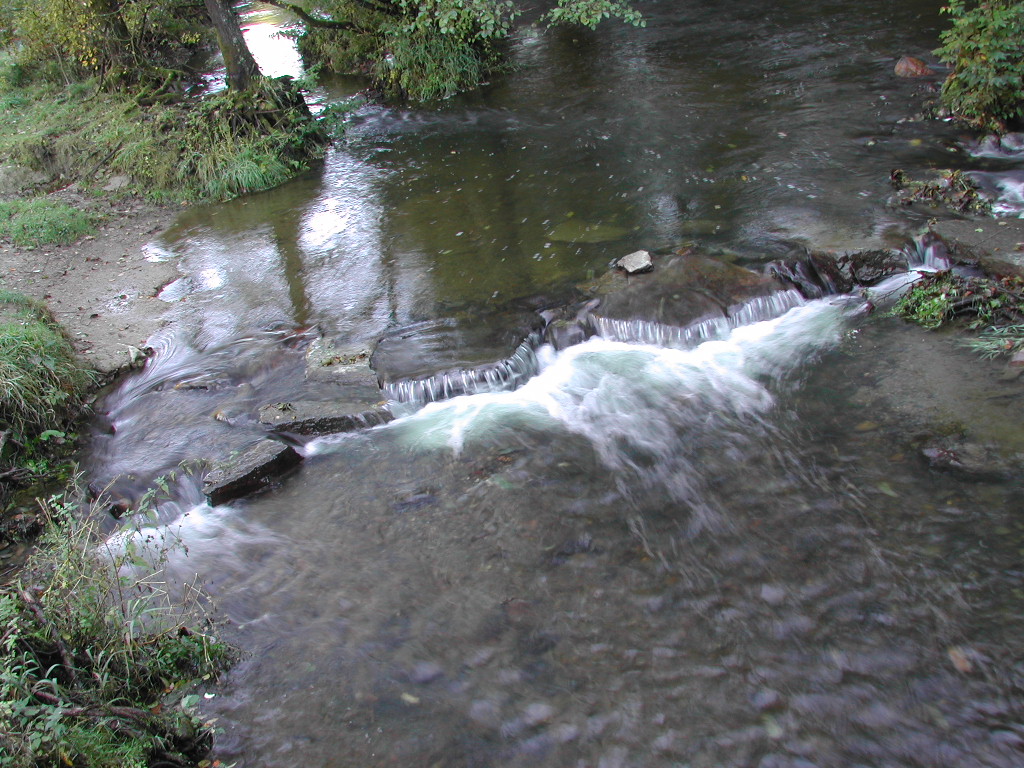 A small stream flows over rocks, creating a gentle waterfall in a natural setting with trees and grass.