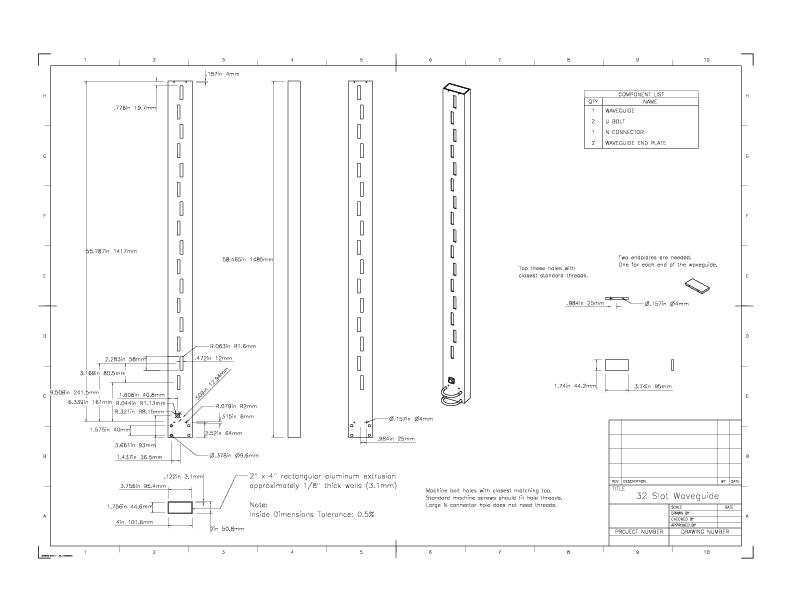 Technical drawing of a 32-slot waveguide, showing dimensions, hole placements, and component list for manufacturing reference.