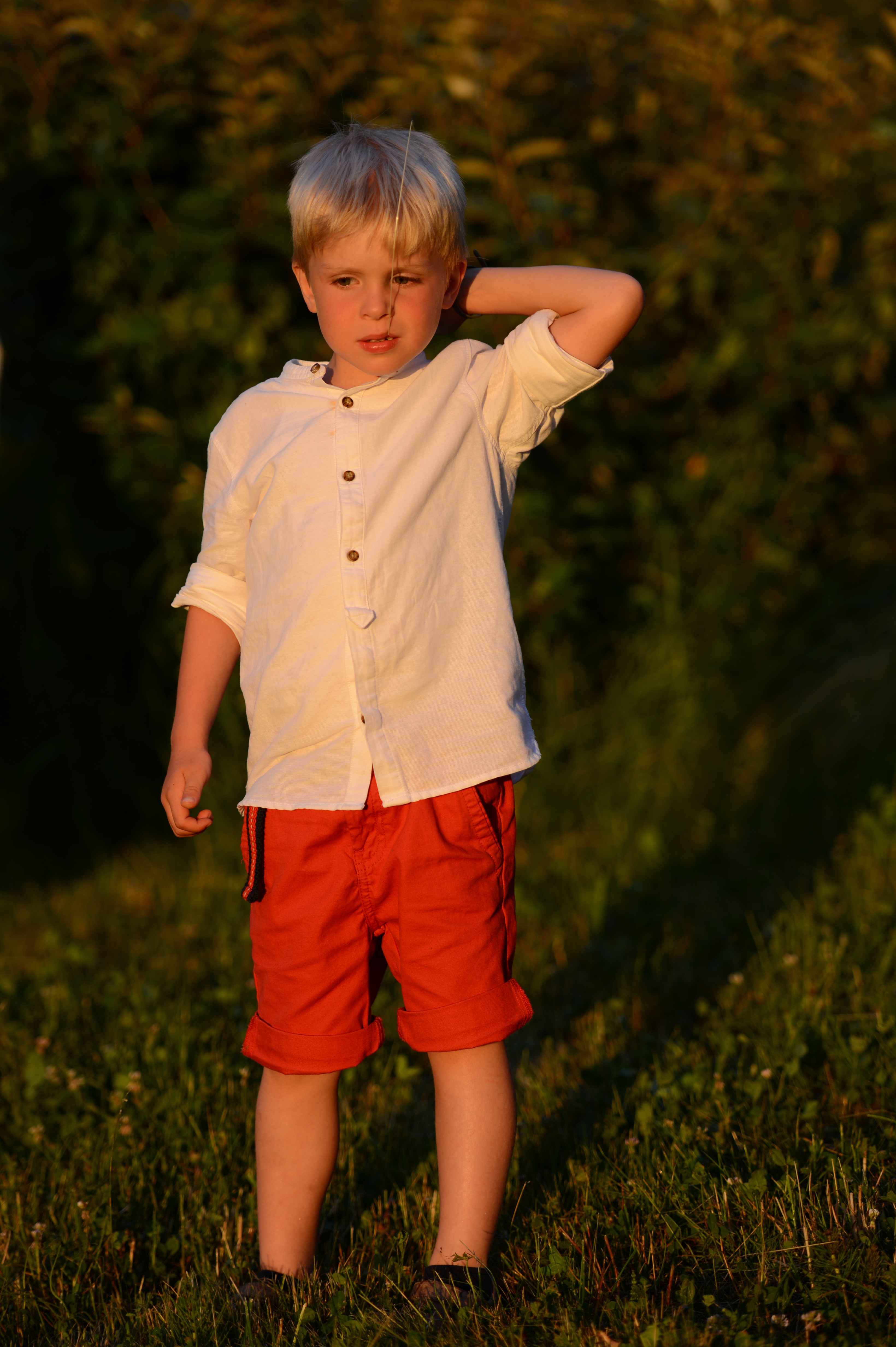 A young boy in a white shirt and red shorts stands on grass, touching the back of his head.