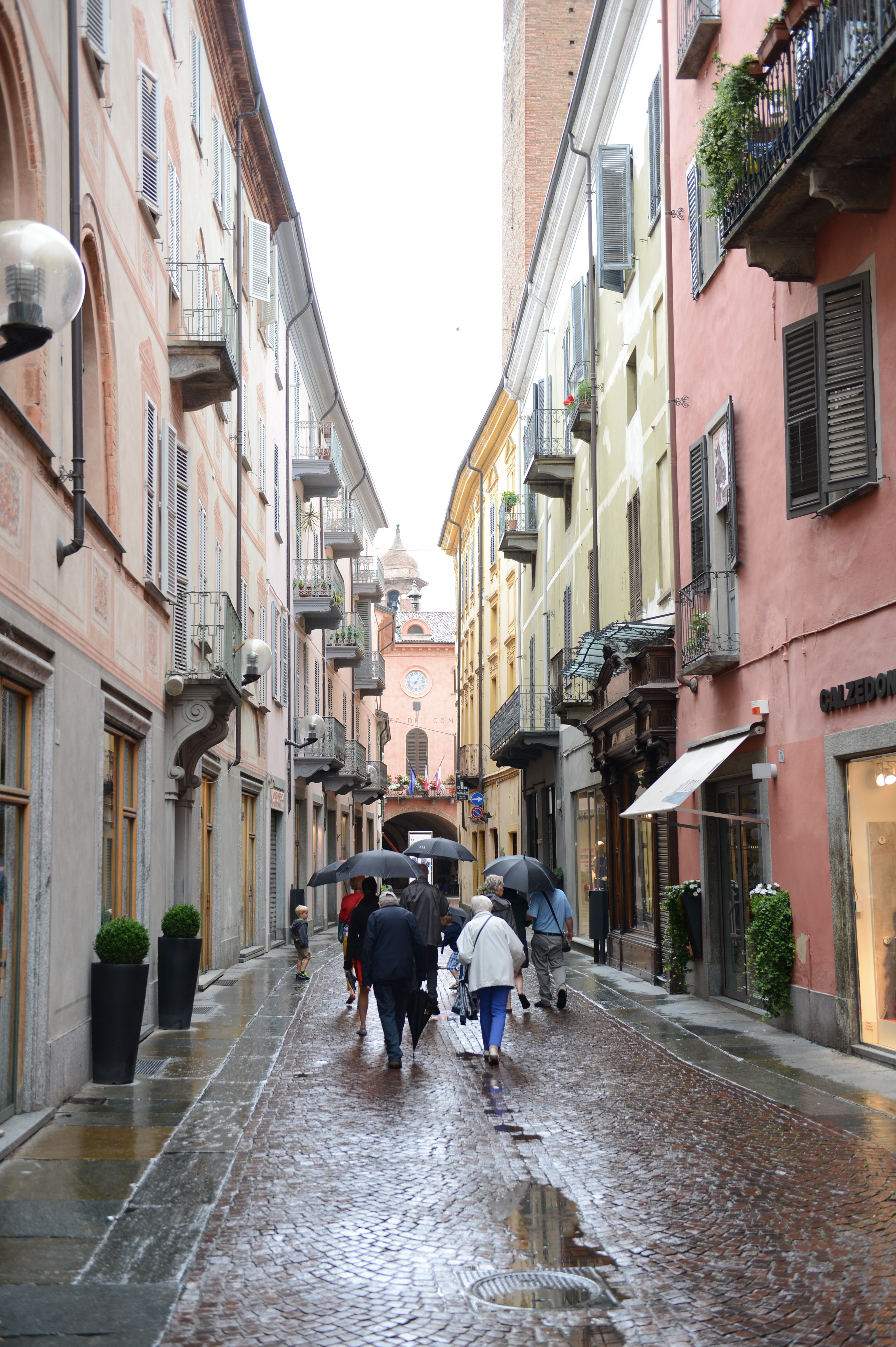 A group of people with umbrellas walk down a narrow, wet street on a rainy day.